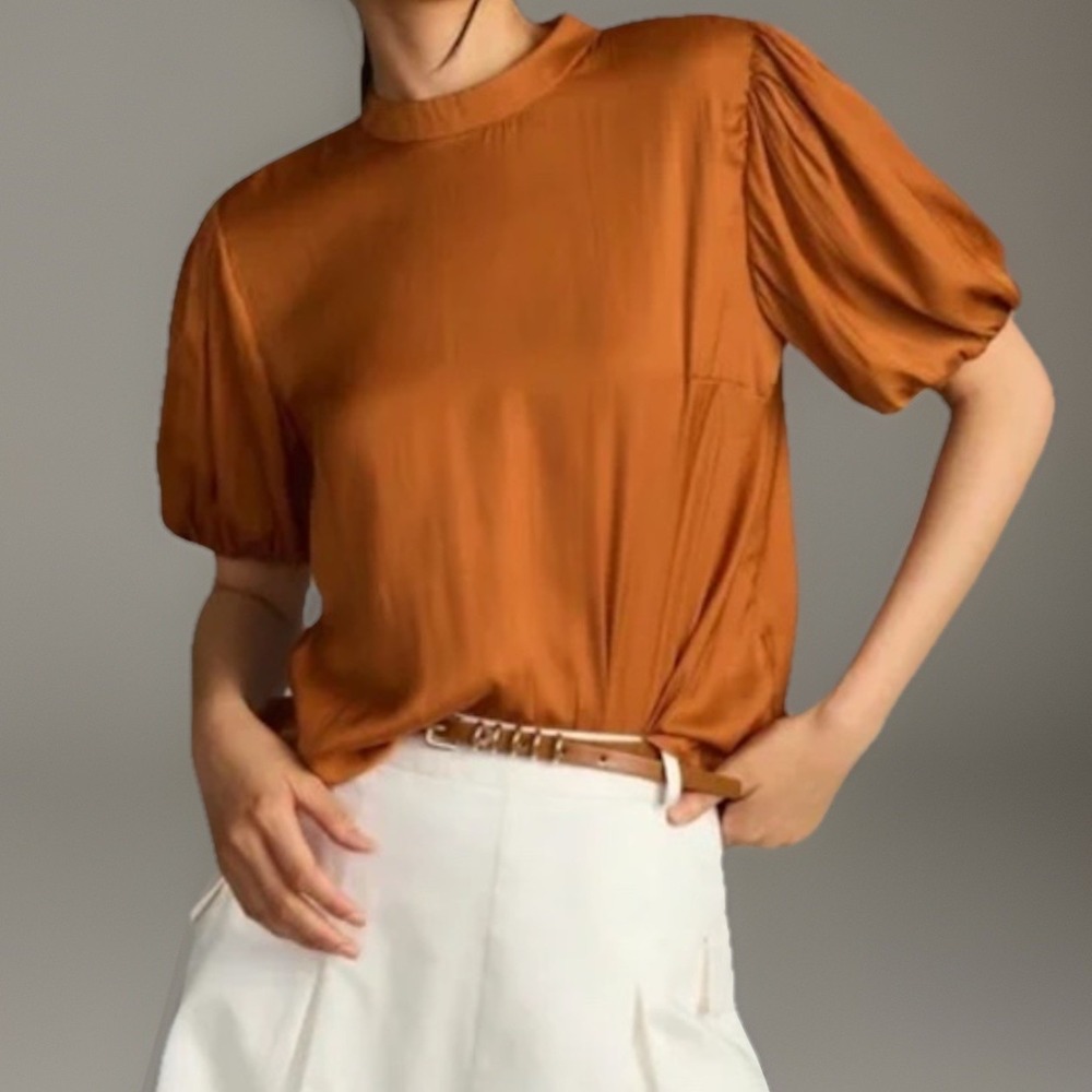 Anthropologie Mock Neck Puff Sleeve Blouse Burnt Orange Womens Size XL
